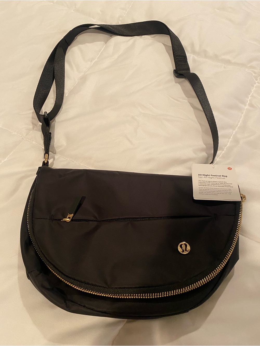 Lululemon All Night Festival Bag 5L Black with Gold trim and zipper
